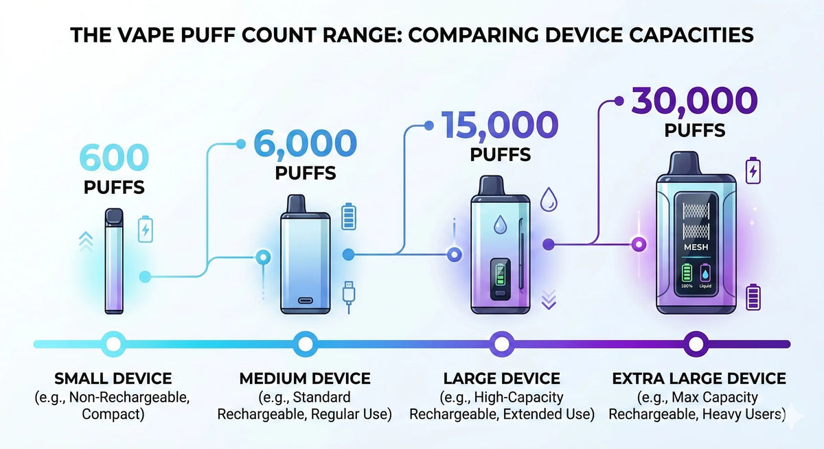 Visual scale showing puff count range from 600 to 30,000 puffs with device size comparison