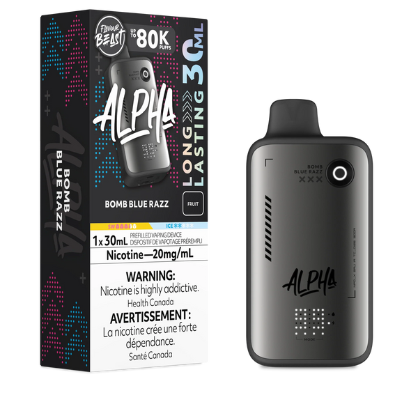 WAKA Canada Flavour Beast Alpha Disposable - Bomb Blue Razz 20mg /mL Nicotine package & product CAD $49.99 Unmatched Longevity & Capacity