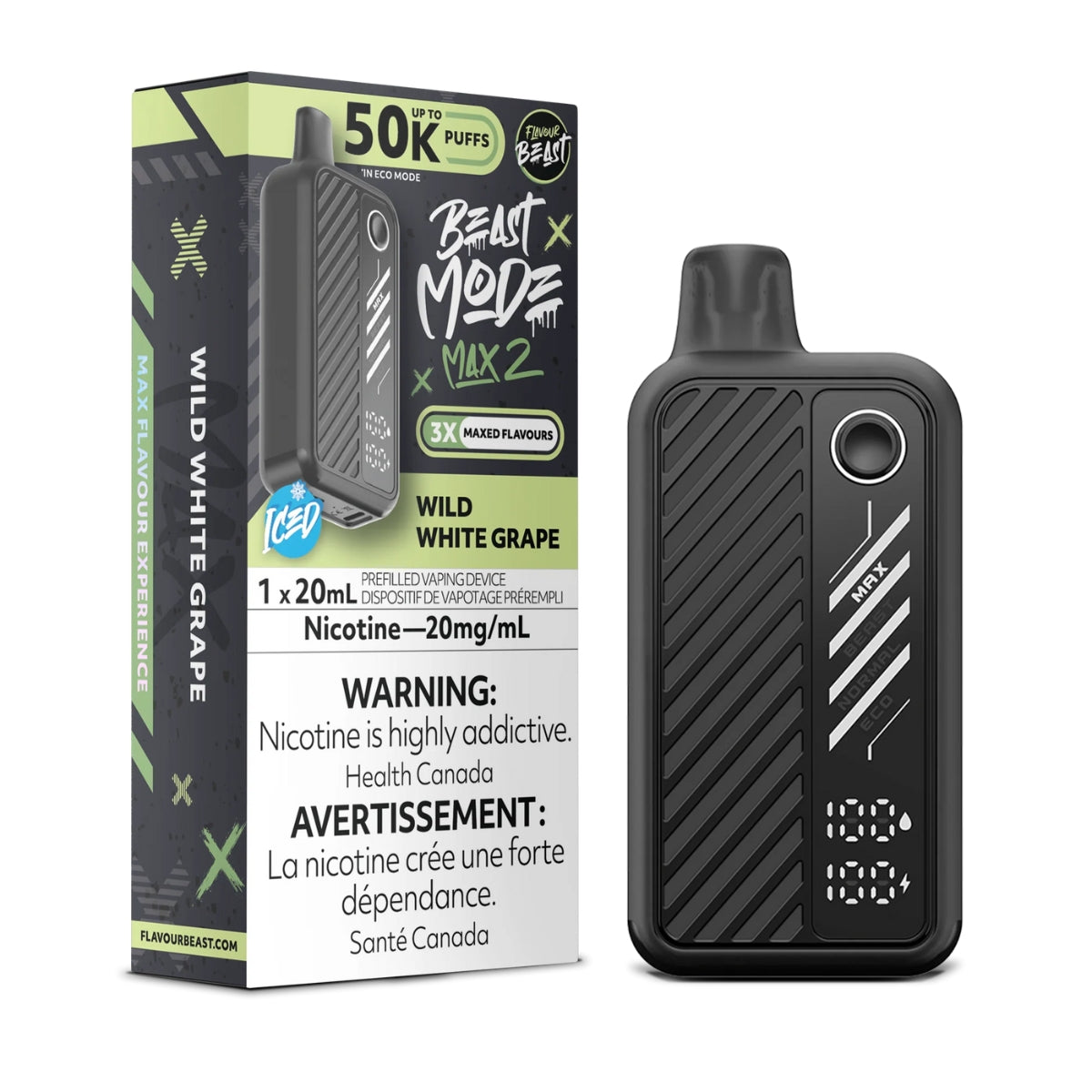 WAKA Canada Flavour Beast Beast Mode Max 2 disposable vape 20ml capacity 850mAh Power 4-Level up to 50000 puffs  Wild White Grape青提 20mg/mL Nicotine package & product CAD $39.99 Unmatched Longevity & Capacity