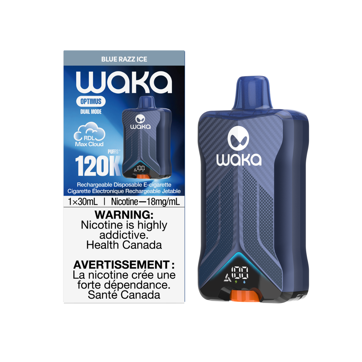 WAKA Optimus 120K Disposable Vape in Blue Razz Ice flavor, featuring 30mL e-liquid capacity, 18mg/mL nicotine strength, Dual Mode, and RDL Max Cloud rechargeable design