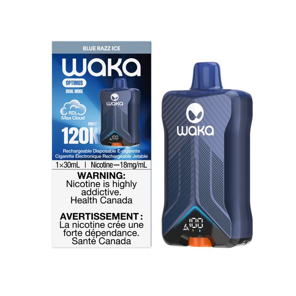 WAKA Optimus 120K Disposable Vape in Blue Razz Ice flavor, featuring 30mL e-liquid capacity, 18mg/mL nicotine strength, Dual Mode, and RDL Max Cloud rechargeable design